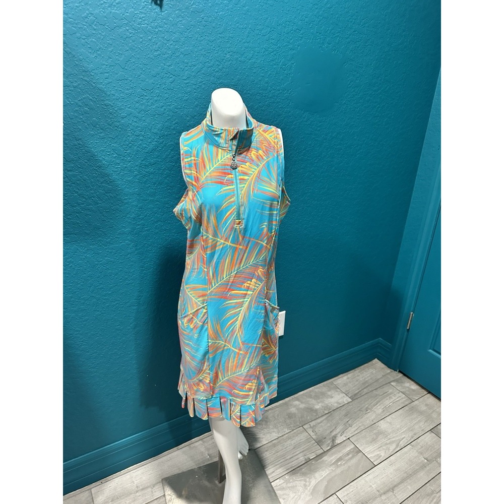Tzu Tzu Shiloh Sway Tennis/Golf Dress Turquoise Tropical Leaves S